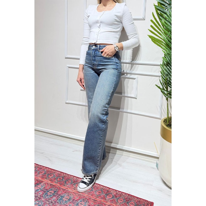 Yeşil Yıkamalı Mavi Yüksek Bel Jean