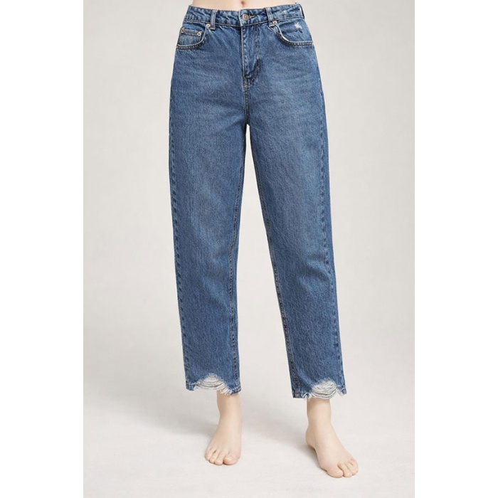 Yüksek Bel Paçası Yırtık Straight Fit