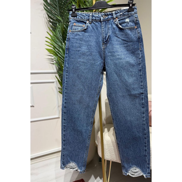 Yüksek Bel Paçası Yırtık Straight Fit