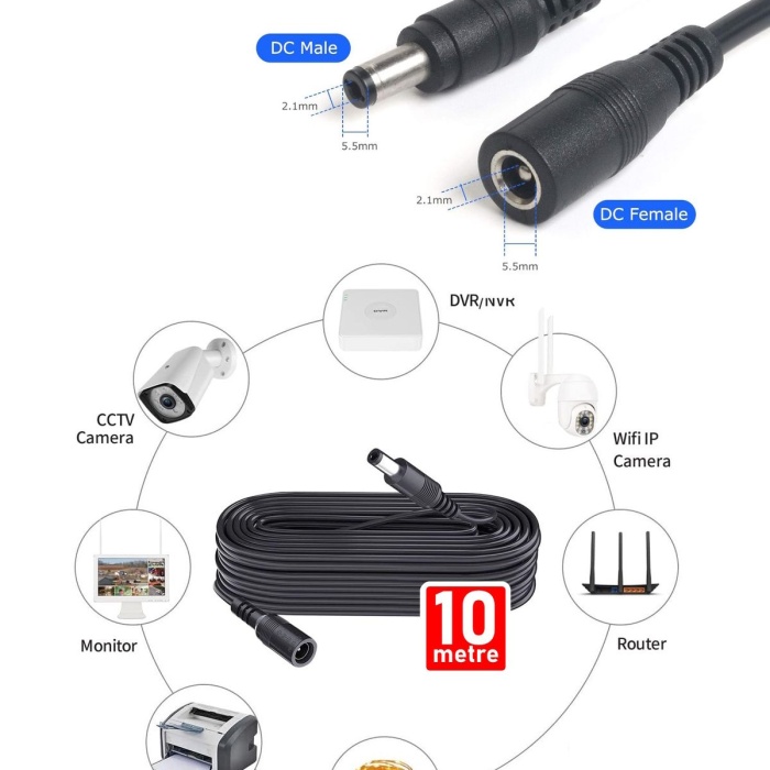 Concord Power Uzatma Kablosu 10 metre AWG23 Kamera, Wifi Kamera, Modem, Kayıt Cihazı 12V DC Uzatma