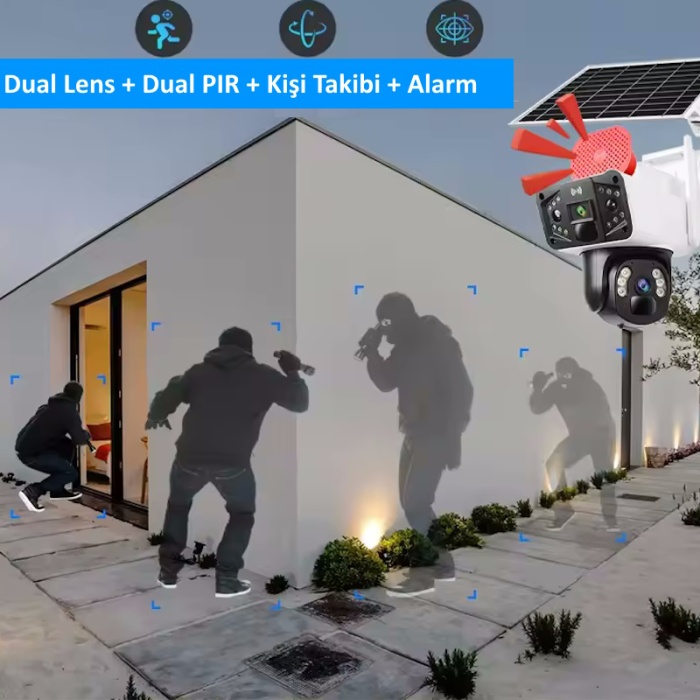 O-kam 3915 4g 6mp Dual Lens Güneş Panelli Solar Sirenli Güvenlik Kamerası