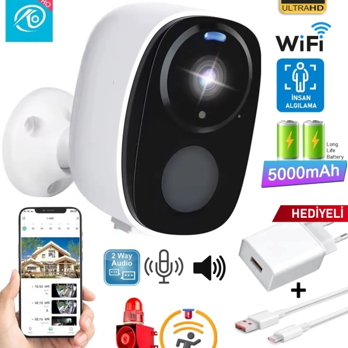 WİFİ GECE GÖRÜŞLÜ ÇİFT YÖNLÜ SES 2K AKILLI KAMERA WATERPROF 5000MAH DAHİLİ BATARYA