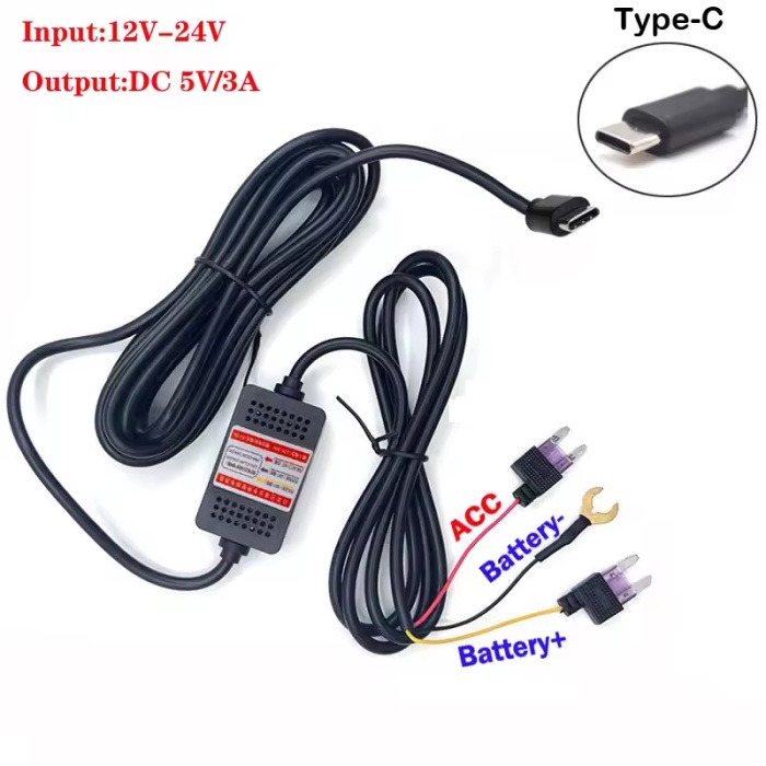 Araç İçi Kamera Adaptörü 12-24V/5V  Type-C 3A Park Modu Adaptör
