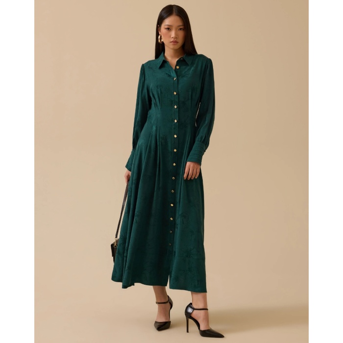 YENİ SEÇİL KADIN çiçek desenli pile detaylı jakar elbise10002521311008