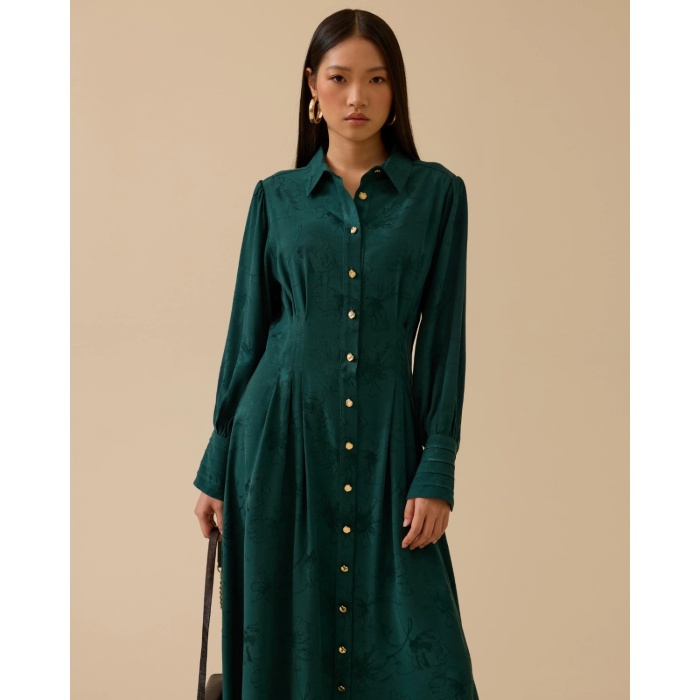 YENİ SEÇİL KADIN çiçek desenli pile detaylı jakar elbise10002521311008