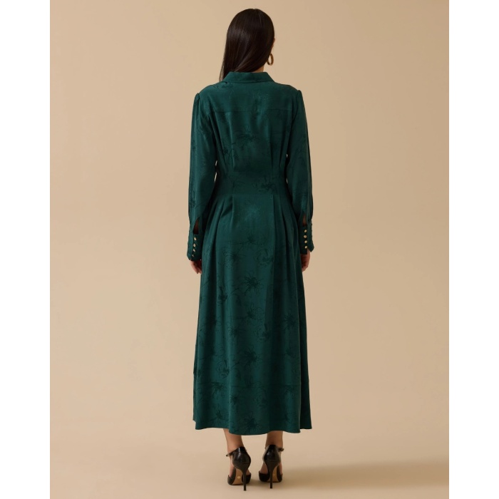 YENİ SEÇİL KADIN çiçek desenli pile detaylı jakar elbise10002521311008