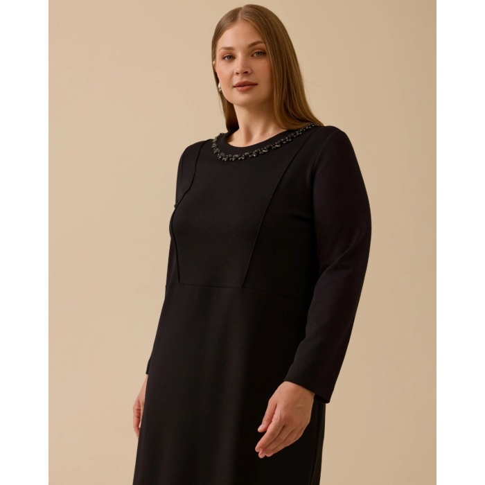 YENİ SEÇİL KADIN büyük beden taşlı yaka detaylı elbise 10002521314002