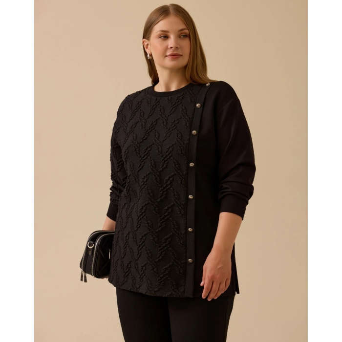 YENİ SEÇİL KADIN büyük beden dokulu düğme detaylı sweatshirt 10002522314009