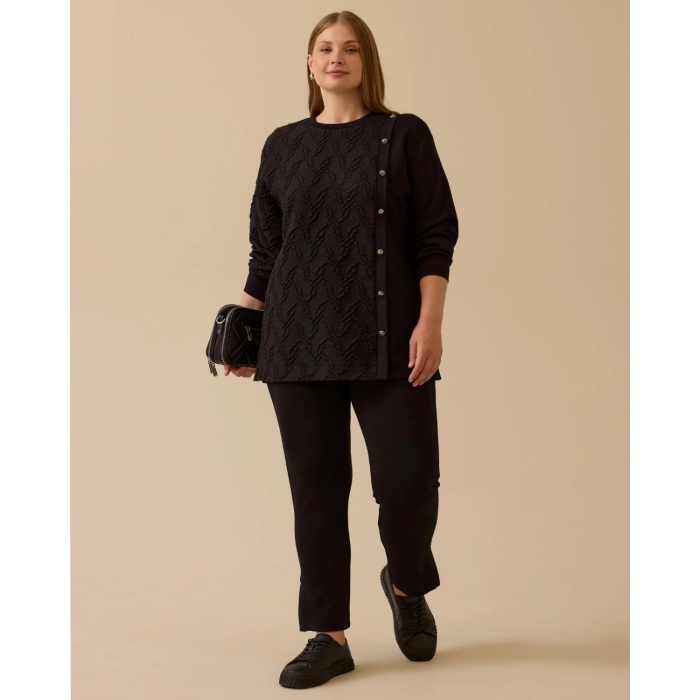 YENİ SEÇİL KADIN büyük beden dokulu düğme detaylı sweatshirt 10002522314009