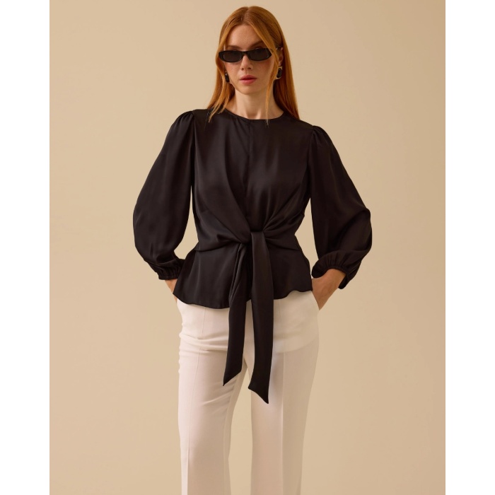 YENİ SEÇİL KADIN bağlamalı uzun kollu saten bluz 10002511810019