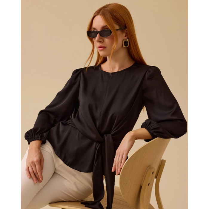 YENİ SEÇİL KADIN bağlamalı uzun kollu saten bluz 10002511810019