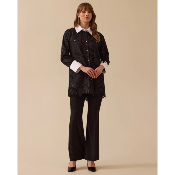 YENİ SEÇİL KADIN desenli dantel detaylı düğmeli gömlek 10002511511011