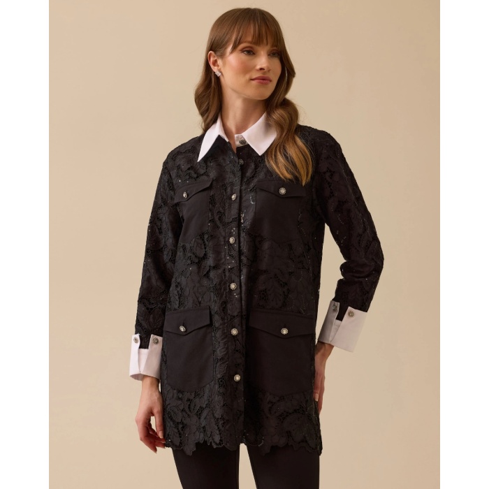 YENİ SEÇİL KADIN desenli dantel detaylı düğmeli gömlek 10002511511011