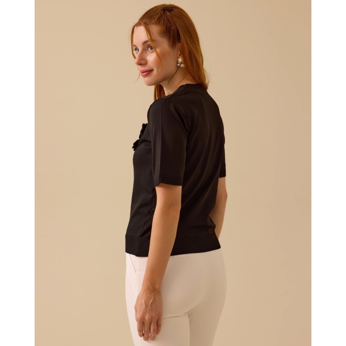 YENİ SEÇİL KADIN çiçek aplikeli sıfır yaka triko bluz 10002511710005