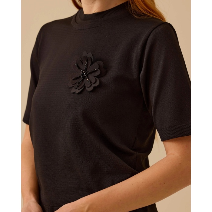 YENİ SEÇİL KADIN çiçek aplikeli sıfır yaka triko bluz 10002511710005