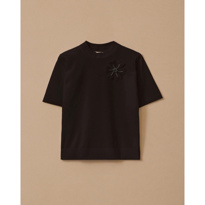 YENİ SEÇİL KADIN çiçek aplikeli sıfır yaka triko bluz 10002511710005