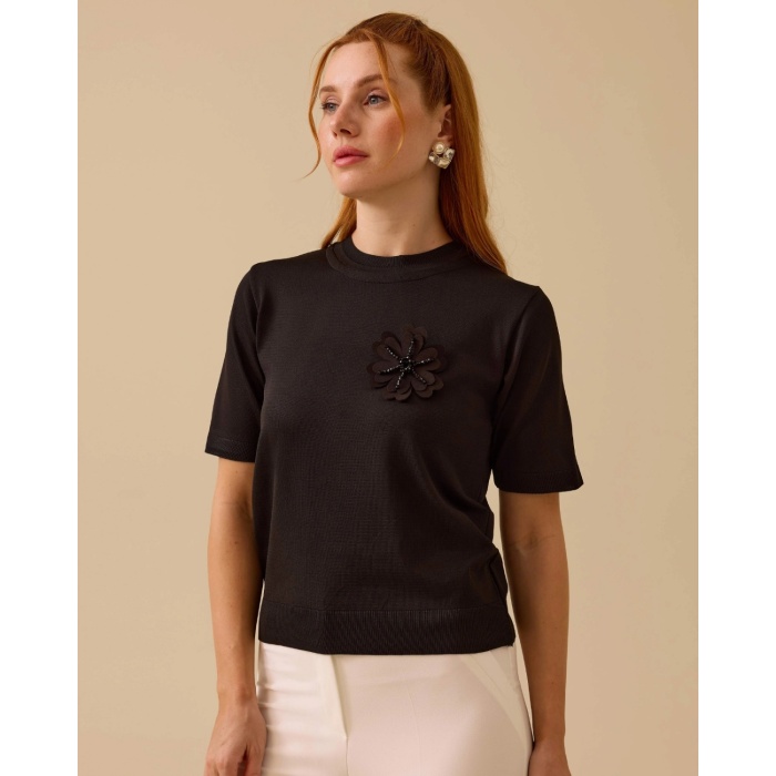 YENİ SEÇİL KADIN çiçek aplikeli sıfır yaka triko bluz 10002511710005