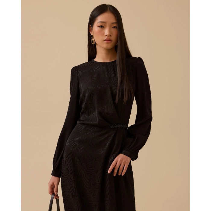 YENİ SEÇİL KADIN desenli boncuk detaylı saten elbise 10002521311005