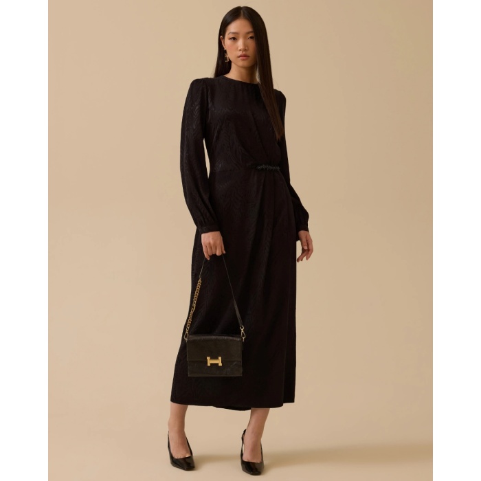 YENİ SEÇİL KADIN desenli boncuk detaylı saten elbise 10002521311005