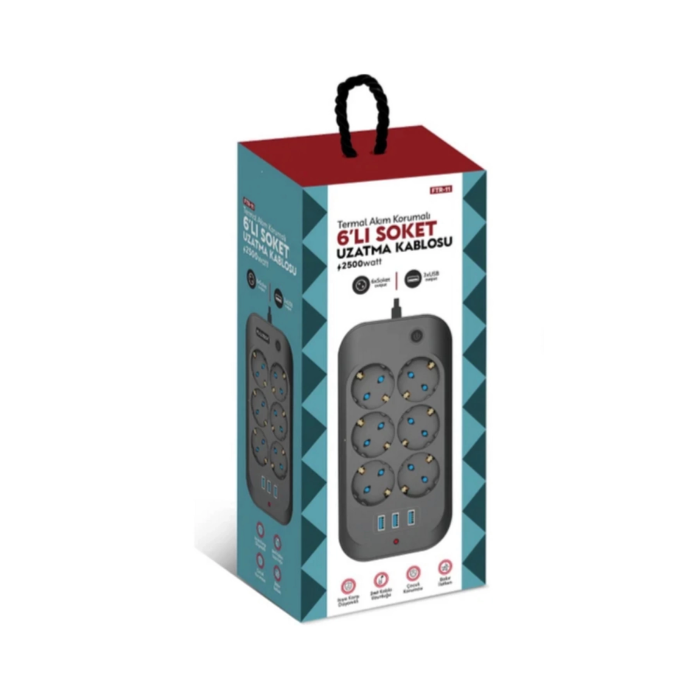 Termal Akım Korumalı, Çocuk Korumalı, 6’lı 2 Mt Uzatma Kablosu 6 X Priz, 3 X Usb