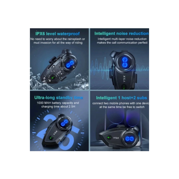 Y5x Rgb Işıklı Intercom 5 Kişi Bağlantılı 1000mah Motosiklet Bluetooth Kulaklık Seti