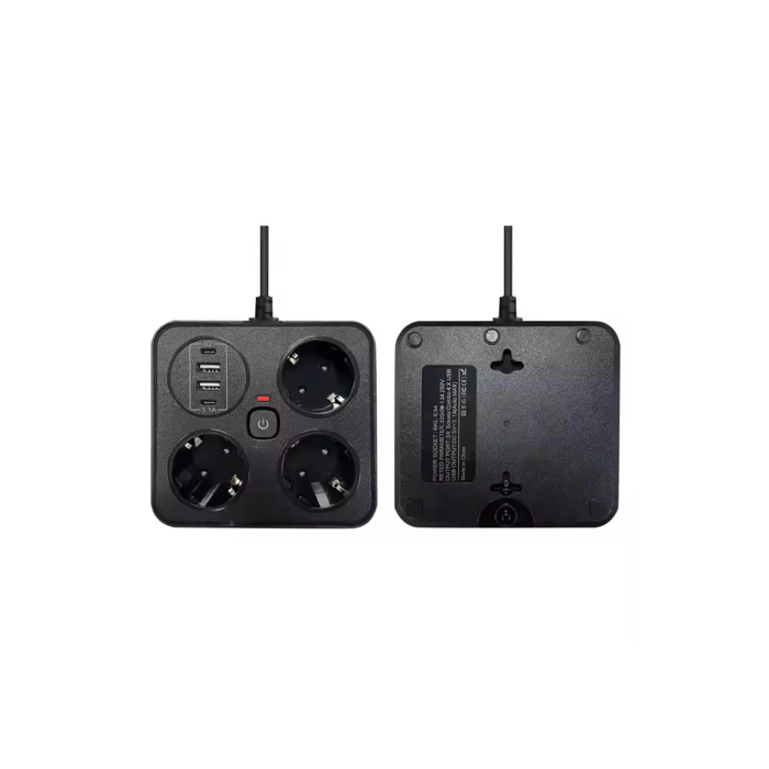 Akım Korumalı Anahtarlı Priz - 3x Priz - 2x Usb - 2x Type-c - 2 Mt Kablo Hızlı Şarj Özellikli Siyah
