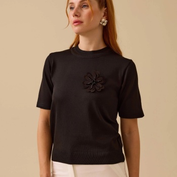 YENİ SEÇİL KADIN çiçek aplikeli sıfır yaka triko bluz 10002511710005