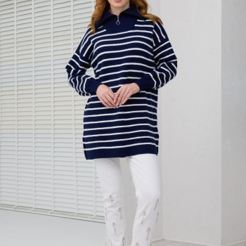 YENİ MOODBASİC KADIN BALIKÇI YAKA ÇİZGİLİ TRİKO KAZAK MB30.33