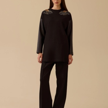 YENİ SEÇİL KADIN suni deri biyeli bol paça pantolon 10002521011015