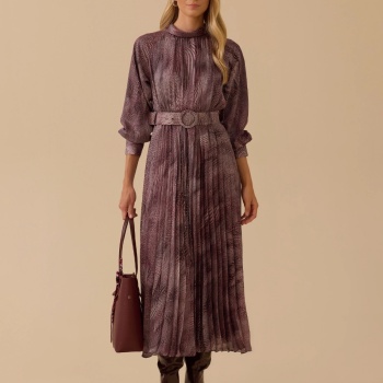 YENİ SEÇİL KADIN kemerli desenli pliseli elbise 10002521311015