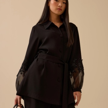 YENİ SEÇİL KADIN nakış i̇şlemeli kol detaylı kuşaklı ceket 10002521111004