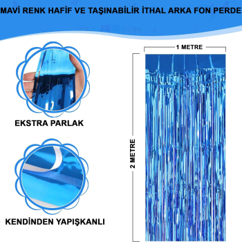 Mavi Renk Ekstra Metalize Parlak Saçaklı Arka Fon Perde İthal A Kalite 1x2 Metre