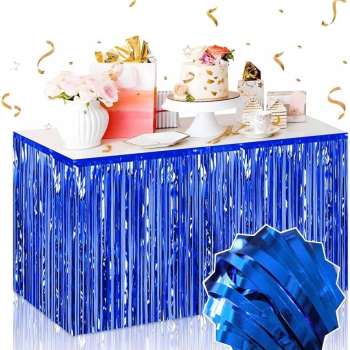Kendinden Yapışkanlı Mavi Metalize Püsküllü Masa Eteği – 75 X 275 Cm Parti Süslemesi