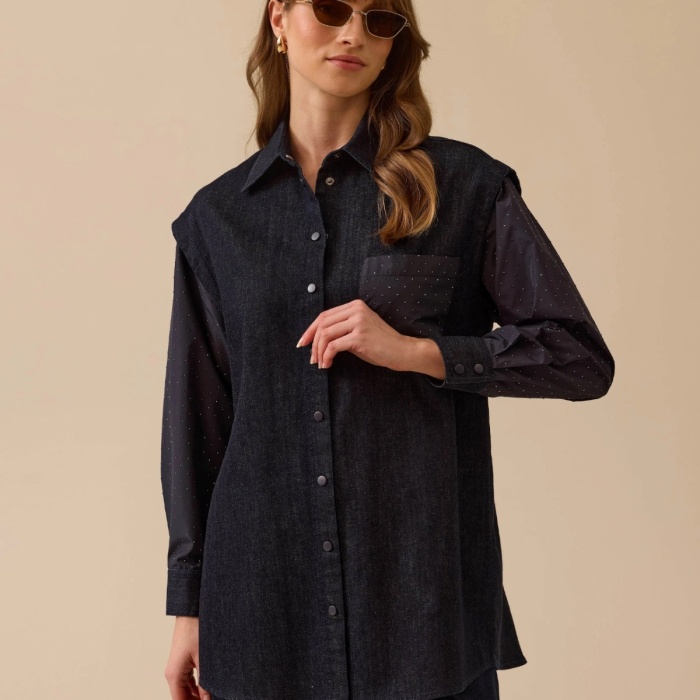 YENİ SEÇİL KADIN çift kumaşlı taş detaylı jean gömlek 10002512211001