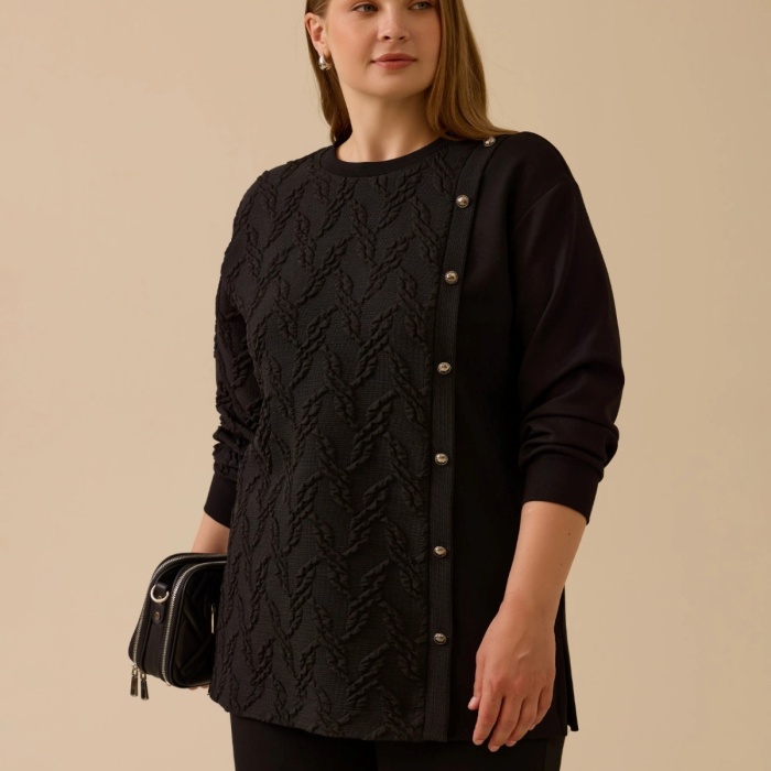 YENİ SEÇİL KADIN büyük beden dokulu düğme detaylı sweatshirt 10002522314009