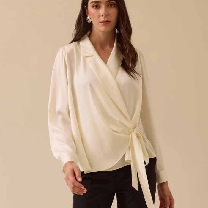 YENİ SEÇİL KADIN bağlamalı kruvaze saten bluz 10002511810018