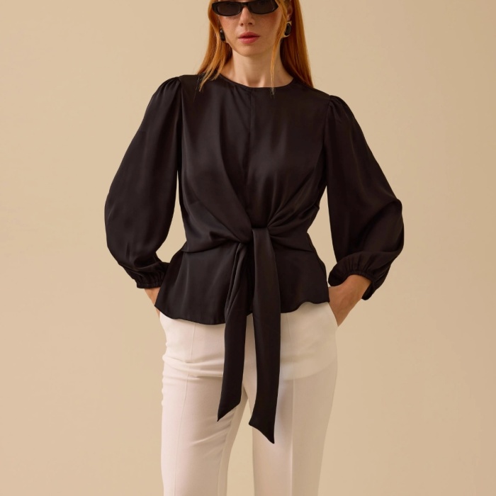 YENİ SEÇİL KADIN bağlamalı uzun kollu saten bluz 10002511810019