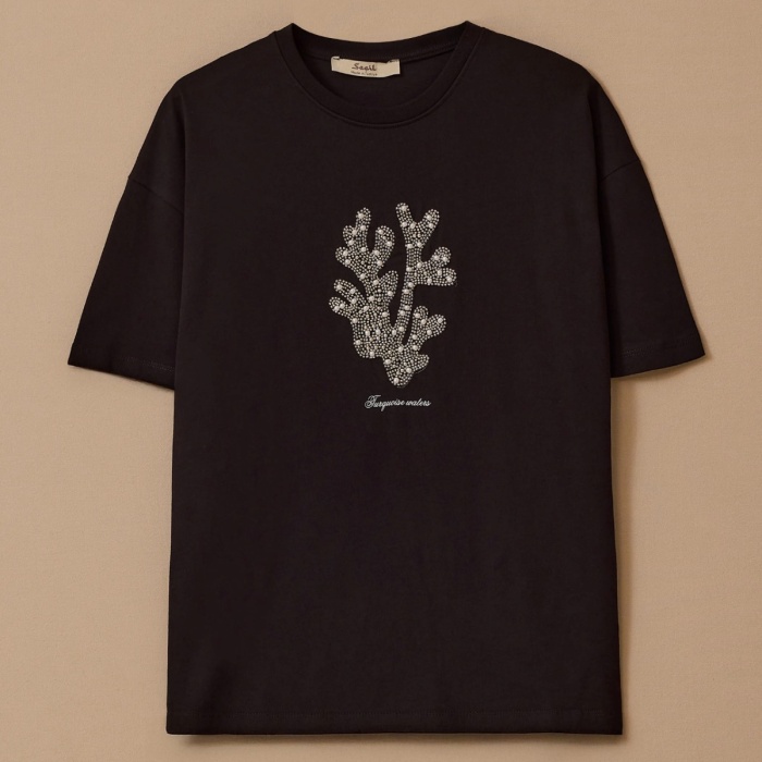 YENİ SEÇİL KADIN taş detaylı baskılı tişört 10002512410014