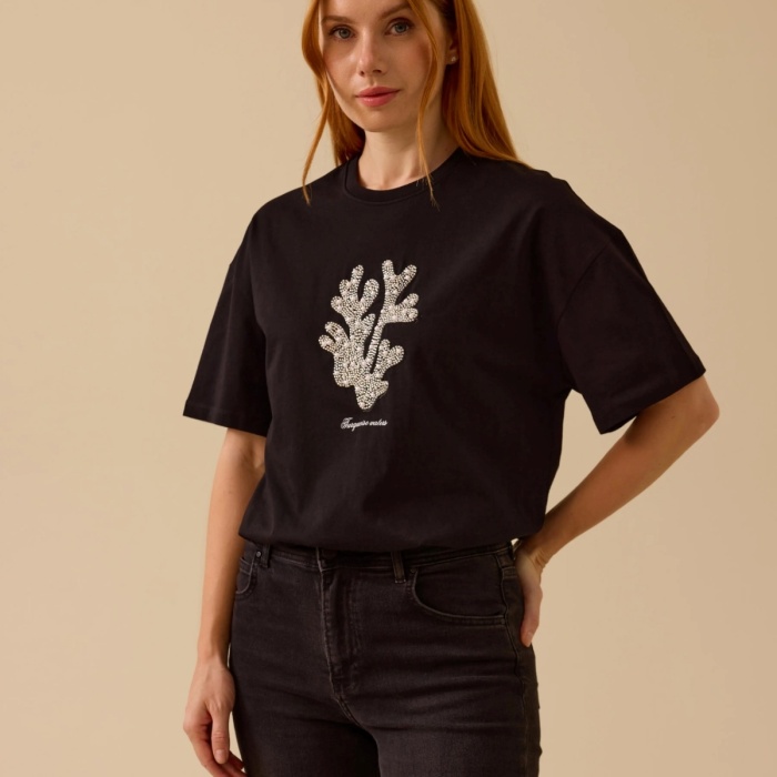 YENİ SEÇİL KADIN taş detaylı baskılı tişört 10002512410014