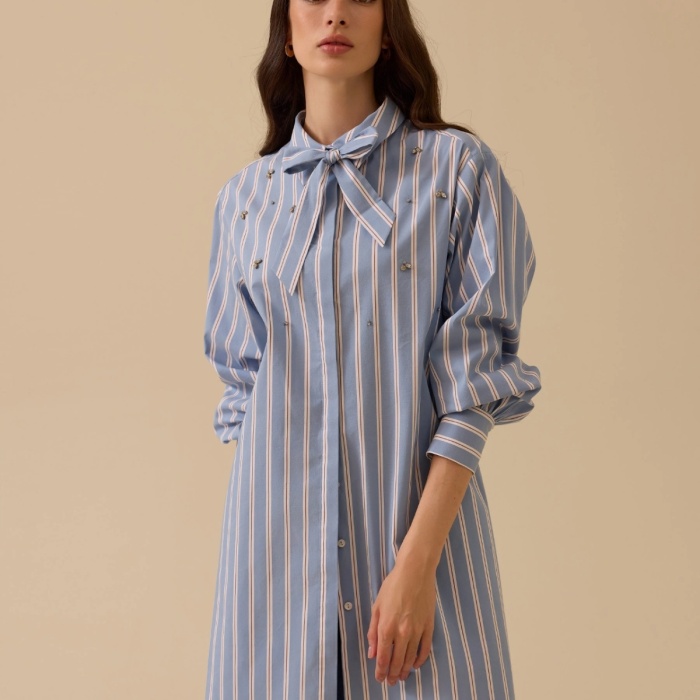 YENİ SEÇİL KADIN fular yakalı taş detaylı çizgili gömlek 10002521511003