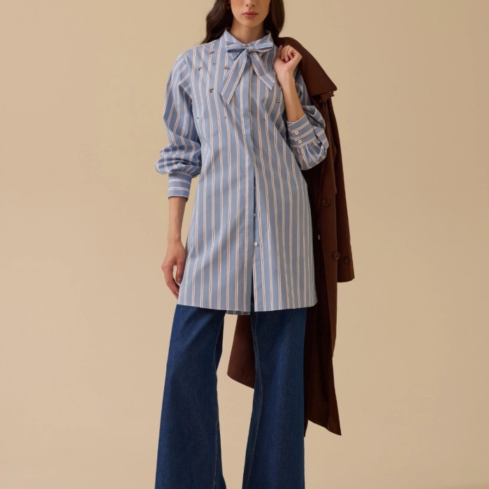 YENİ SEÇİL KADIN fular yakalı taş detaylı çizgili gömlek 10002521511003