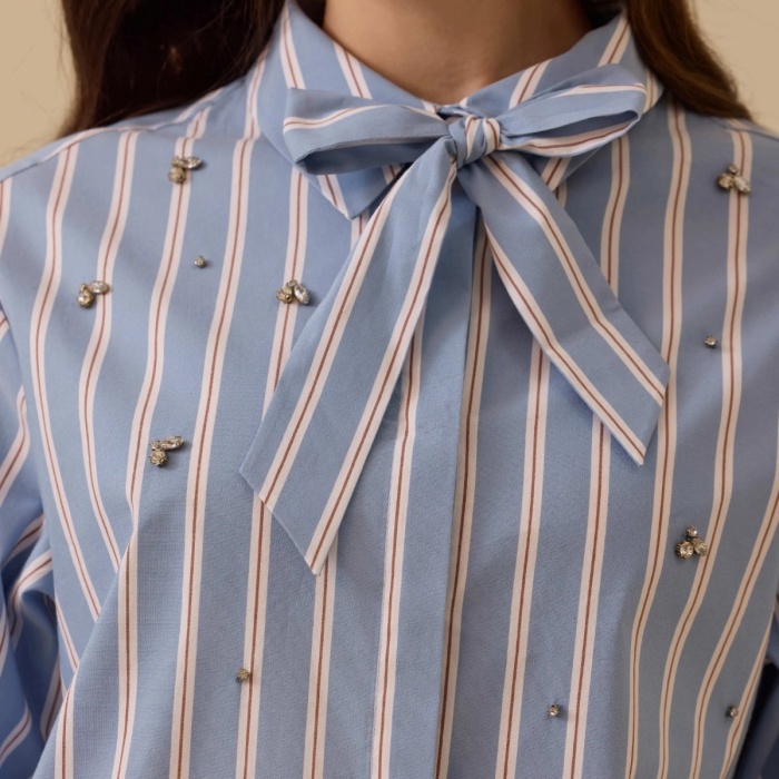 YENİ SEÇİL KADIN fular yakalı taş detaylı çizgili gömlek 10002521511003