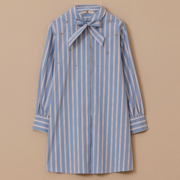 YENİ SEÇİL KADIN fular yakalı taş detaylı çizgili gömlek 10002521511003