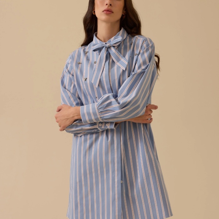 YENİ SEÇİL KADIN fular yakalı taş detaylı çizgili gömlek 10002521511003