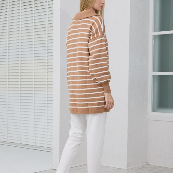 YENİ MOODBASİC KADIN BALIKÇI YAKA ÇİZGİLİ TRİKO KAZAK MB30.33