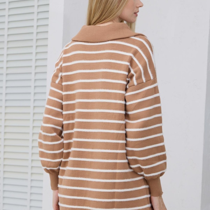 YENİ MOODBASİC KADIN BALIKÇI YAKA ÇİZGİLİ TRİKO KAZAK MB30.33