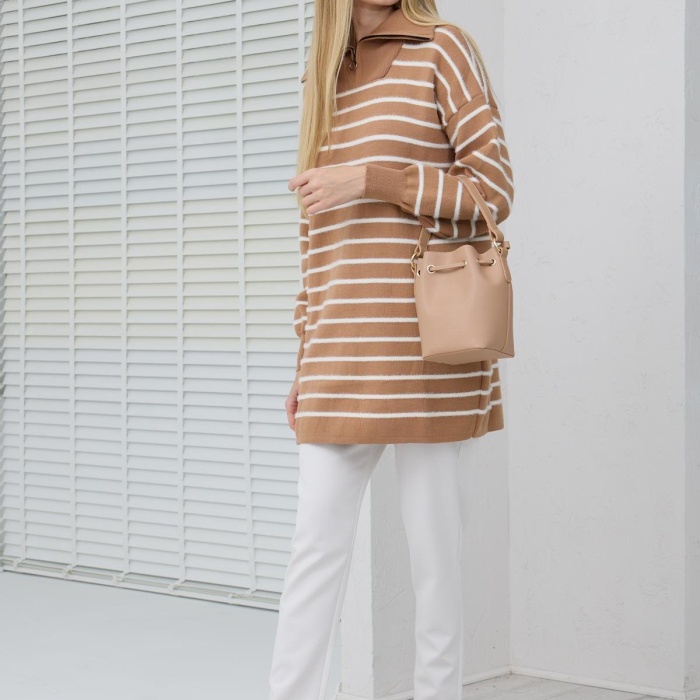 YENİ MOODBASİC KADIN BALIKÇI YAKA ÇİZGİLİ TRİKO KAZAK MB30.33