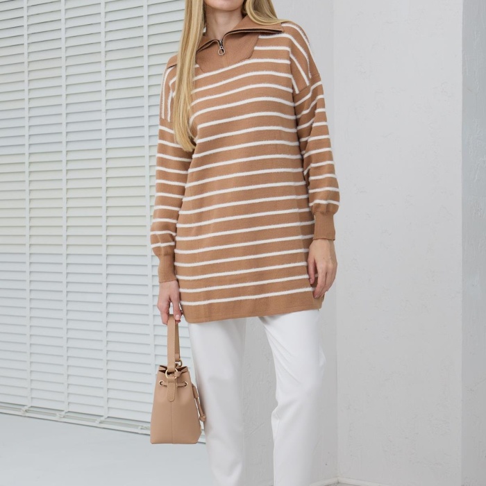 YENİ MOODBASİC KADIN BALIKÇI YAKA ÇİZGİLİ TRİKO KAZAK MB30.33