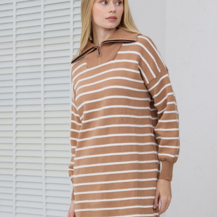 YENİ MOODBASİC KADIN BALIKÇI YAKA ÇİZGİLİ TRİKO KAZAK MB30.33