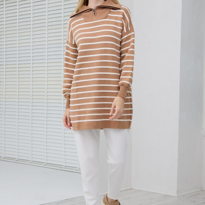 YENİ MOODBASİC KADIN BALIKÇI YAKA ÇİZGİLİ TRİKO KAZAK MB30.33